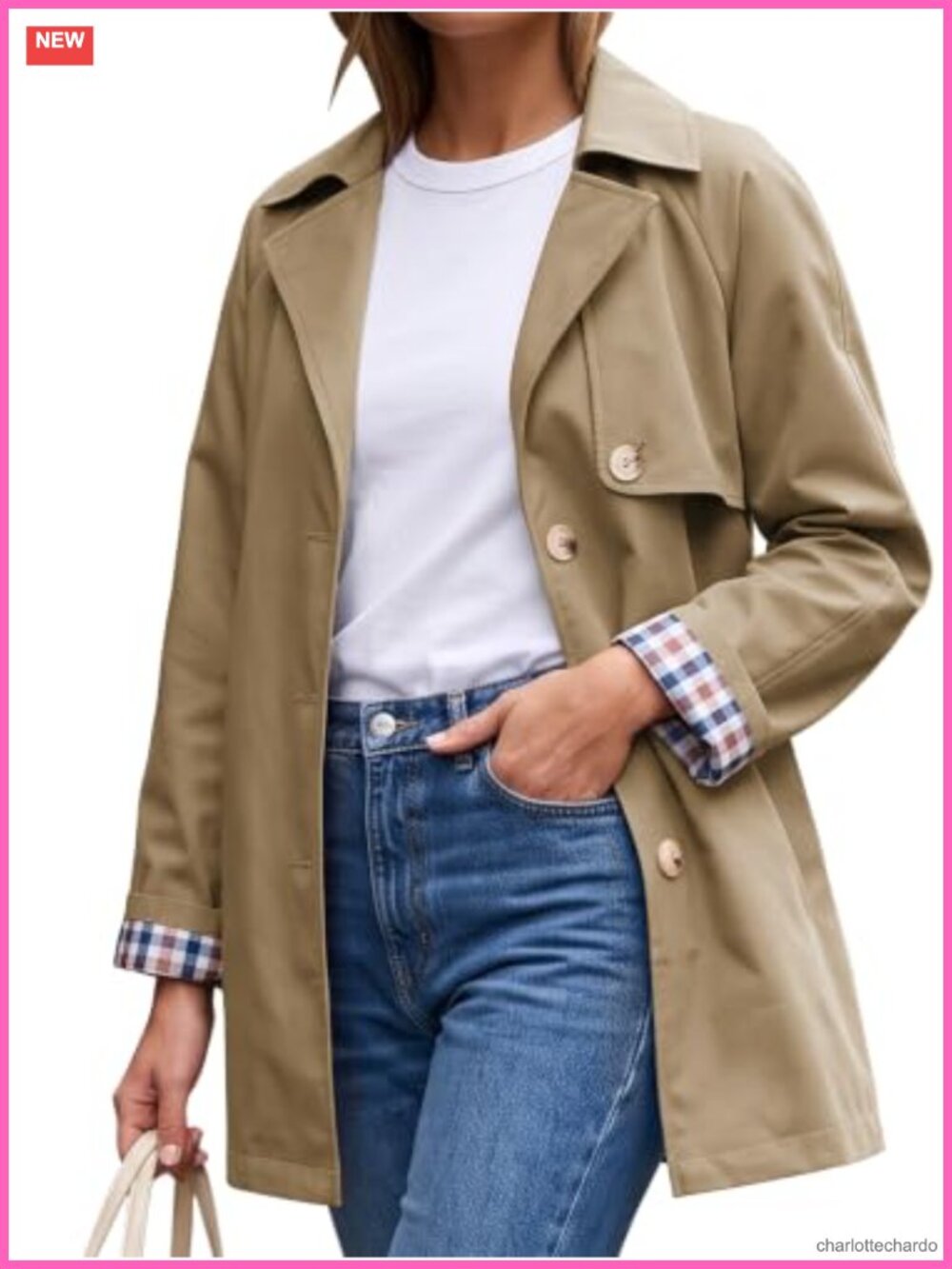 Women's Trench Coat Lightweight Button-Down Jacket Plaid Lining